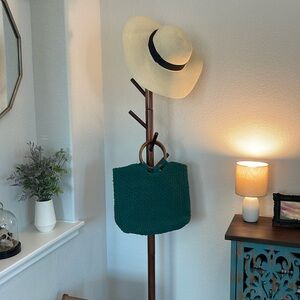 Beautiful Teal Woven Wooden Handle Handbag